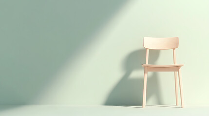 Aufkleber - A wooden chair stands against a pale green wall, bathed in soft light, creating a serene and minimalist scene. Modern design at its finest.
