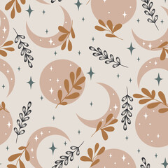 Wall Mural - Seamless vector pattern with floral crescent. Boho pattern for astrology, textiles, wrapping paper, design.