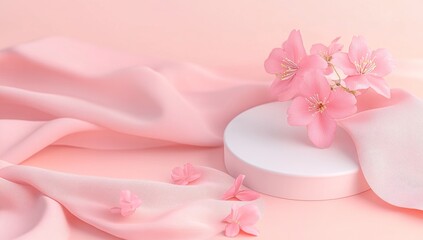 Fototapete - The presentation of cosmetics and products is showcased on a white podium within an abstract 3D rendering