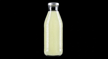 Poster - Refreshing cold lemonade in glass bottle with condensation on black background