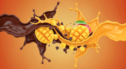 Poster - Chocolate and mango slices mixing in a splashing juice wave