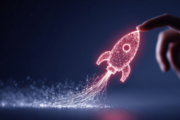Poster - Glowing polygonal rocket launching from fingertip, representing innovation, startup, and technology advancement, ideal for digital projects