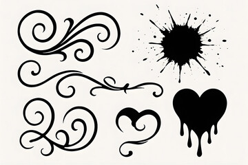 Poster - Artistic Silhouette Set: A collection of intricate silhouette elements, including flowing flourishes, a heart, and a dynamic ink splatter, arranged to spark creativity in a modern graphic resource.