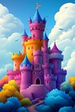 Magical Castle Amidst Clouds: A captivating illustration depicts a whimsical castle, its colorful towers reaching toward a fluffy cloud-filled sky, evoking dreams of fairy tales and enchantment.