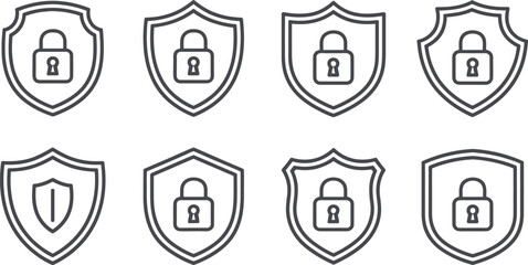 Poster - A set of eight shields with different designs and symbols representing security and protection themes