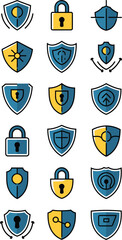 Poster - Various security icons including shields and padlocks arranged in a grid pattern on a white background