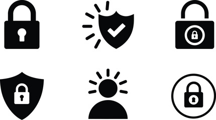 Poster - A collection of security icons featuring padlocks shields and a person with radiating lines around them