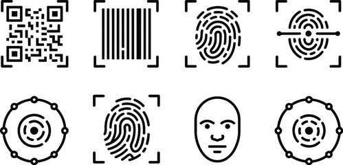 Poster - Illustration of qr code barcode fingerprints face and circle icons in black and white security theme