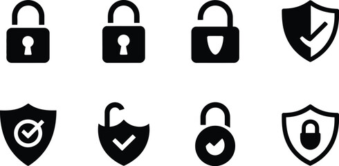 Poster - A collection of security icons featuring padlocks and shields in black on a white background design set