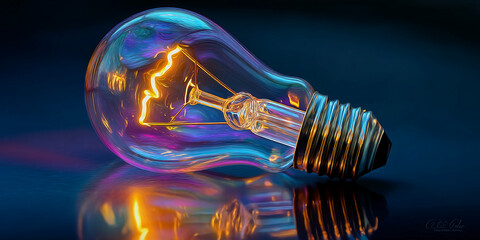 Poster - close-up of iridescent lightbulb, showcasing glowing filament, symbolizing innovation, creativity, a