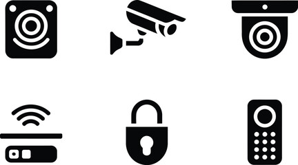 Poster - A collection of black security and smart home device icons arranged on a white background surface view