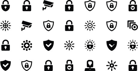 Aufkleber - A collection of security and safety icons including locks shields cameras and suns in a grid pattern