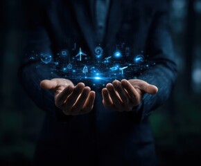 Poster - This image depicts a person holding luminous digital icons representing various technologies, symbolizing innovation and the possibilities of the digital age.
