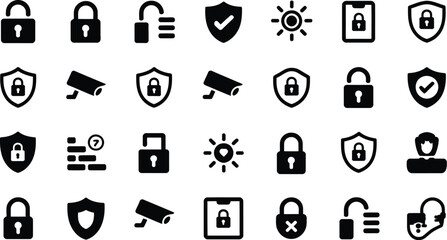 Poster - A collection of security icons including locks shields cameras and a person in black and white style