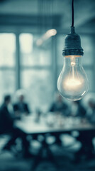 Poster - glowing lightbulb hangs in blurred office space, symbolizing ideas, innovation, and business solutio