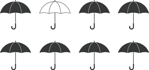 Poster - Eight umbrellas arranged in two rows with seven in black and one in white on a white background