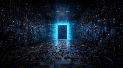 Aufkleber - A striking visual of a glowing door surrounded by intricate circuitry, symbolizing the intersection of technology and imagination.
