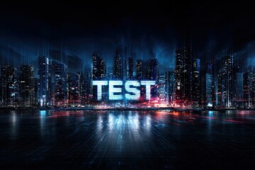 Poster - A vibrant urban skyline at night, with the word 