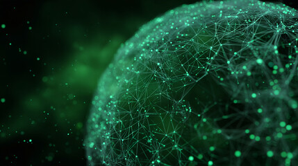 Fototapete - Abstract green sphere with interconnected nodes and particles, creating a network visualization, symbolizing connectivity, technology, or global communication