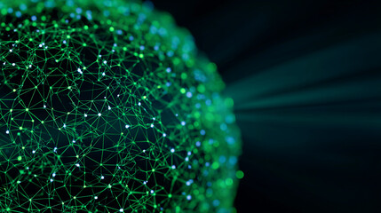 Fototapete - Green glowing sphere abstract texture, network nodes and connections, dark background, showcasing technological advancement and global network