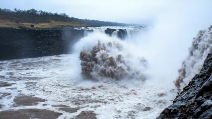 Poster - A powerful waterfall crashes dramatically into a mist-filled gorge surrounded by rocky cliffs and sparse vegetation.