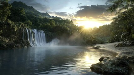Poster - A serene waterfall cascades into a tranquil river surrounded by lush jungle, with the sun setting in the background.