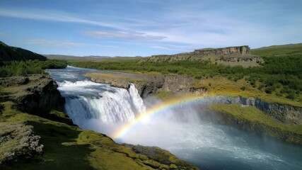 Poster - A powerful waterfall cascades into a river below, with a vibrant rainbow arcing through the mist under a clear blue sky.