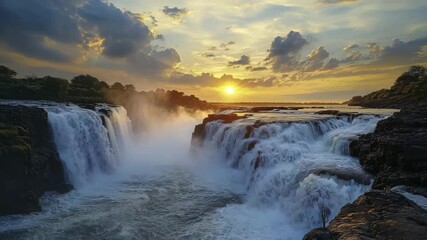 Poster - A powerful waterfall cascades between rocky cliffs at sunset, surrounded by mist, lush greenery, and dramatic clouds.