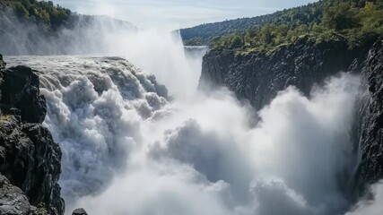 Poster - A powerful waterfall plunges between steep rocky cliffs, surrounded by mist and lush green vegetation.
