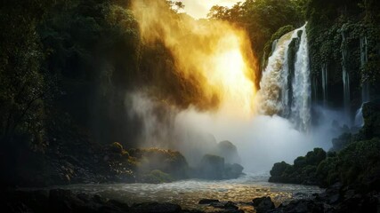 Poster - A breathtaking waterfall cascades into a misty pool surrounded by lush rainforest, illuminated by dramatic golden sunlight.