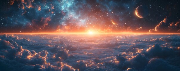 Wall Mural - dreamlike cosmic sky with swirling auroras and distant moons