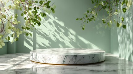 Poster - Minimalist marble podium in a sunlit room with leafy branches casting soft shadows on mint-green walls. ecofriendly product design