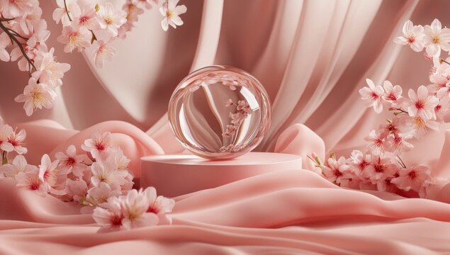 The combination of a white podium and cherry blossom backdrop in a virtual setting creates a stunning visual presentation through 3D rendering for product showcases