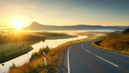 Wall Mural - serene sunrise over winding road by river, mountains in background peaceful nature scene