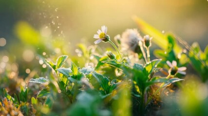 Wall Mural - dew-covered wildflowers basking in morning sunlight, with soft, golden background