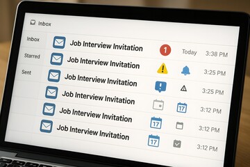 Poster - Close-up of a laptop screen displaying several job interview invitations, with an email inbox view