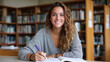 © ALA - A young female student in a library, sitting at a desk with an open book, writing notes, soft natural lighting, and bookshelves in the background.