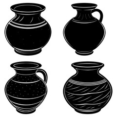 Leinwandbilder - Four black and white vases with different shapes and designs arranged in a square format on a white background