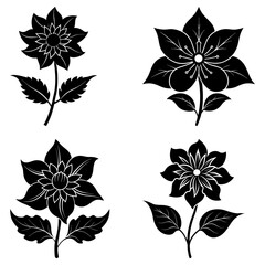 Leinwandbilder - Four black and white floral arrangements with intricate petal and leaf designs on a white background