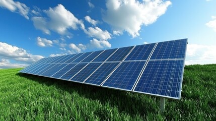 A solar panel array installed in a green field with a blue sky and white clouds in the background.