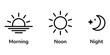 © Meduza - Day and night vector icons set. Morning sunrise, noon sun, and night moon with stars symbols for time of day, schedule, planning, or weather design. Black line art isolated on white background.