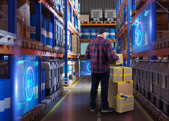 Poster - Man in innovation warehouse. Storage manager holding laptop. Storekeeper stands among racks boxes. Guy at delivery service warehouse. Man contractor for warehouse company. Virtual screens near racks