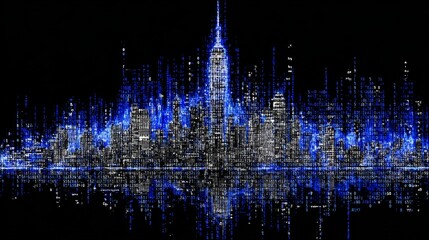 Poster - The future of the metaverse digital smart world, including IoT city and business, is exemplified by a hologram of a 3D skyscraper building with a cityscape that incorporates a motion effect