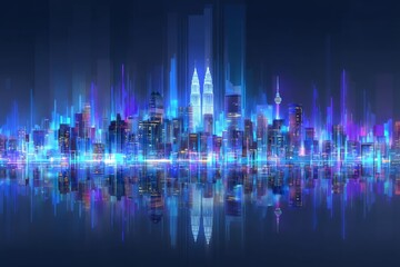 Poster - Cityscape at dusk with a futuristic metaverse backdrop, blending physical and digital realms in a cyberpunk double exposure