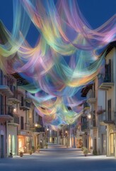 Poster - A futuristic metropolis illuminated by neon lights, set against the backdrop of a rainy urban street with a road, embodying the concept of virtual reality and cyberpunk through 3D rendering