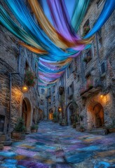 Poster - In a 3D rendering, a rainy city street with a road is set in a futuristic neon city, representing the concept of virtual reality and cyberpunk