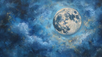 Wall Mural - Serene Night Sky with Bright Moon and Dreamy Blue Clouds