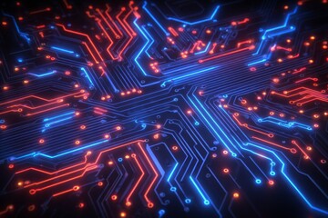 Poster - A high-tech board with advanced circuitry, illuminated by neon red and blue lights to represent data transfer and processing activities