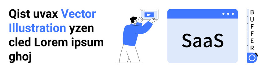 Individual holding a screen displaying a play icon beside a SaaS interface with a highlighted sidebar. Ideal for technology, SaaS promotion, web design, online services, tutorials, business tools
