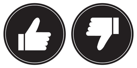 Aufkleber - Thumbs up and thumbs down vector symbol in circles. Like, and dislike icon on black circle. Heart, hand thumb up and down concept. 